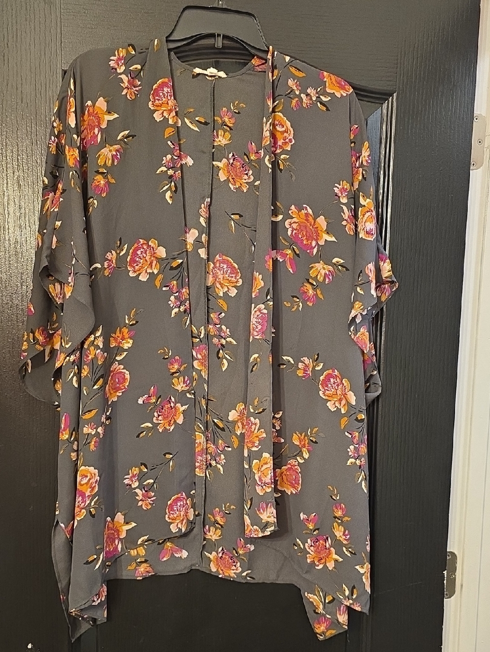 Maurices Charcoal Gray Floral Tie-Front Kimono with Pink & Orange Blooms
